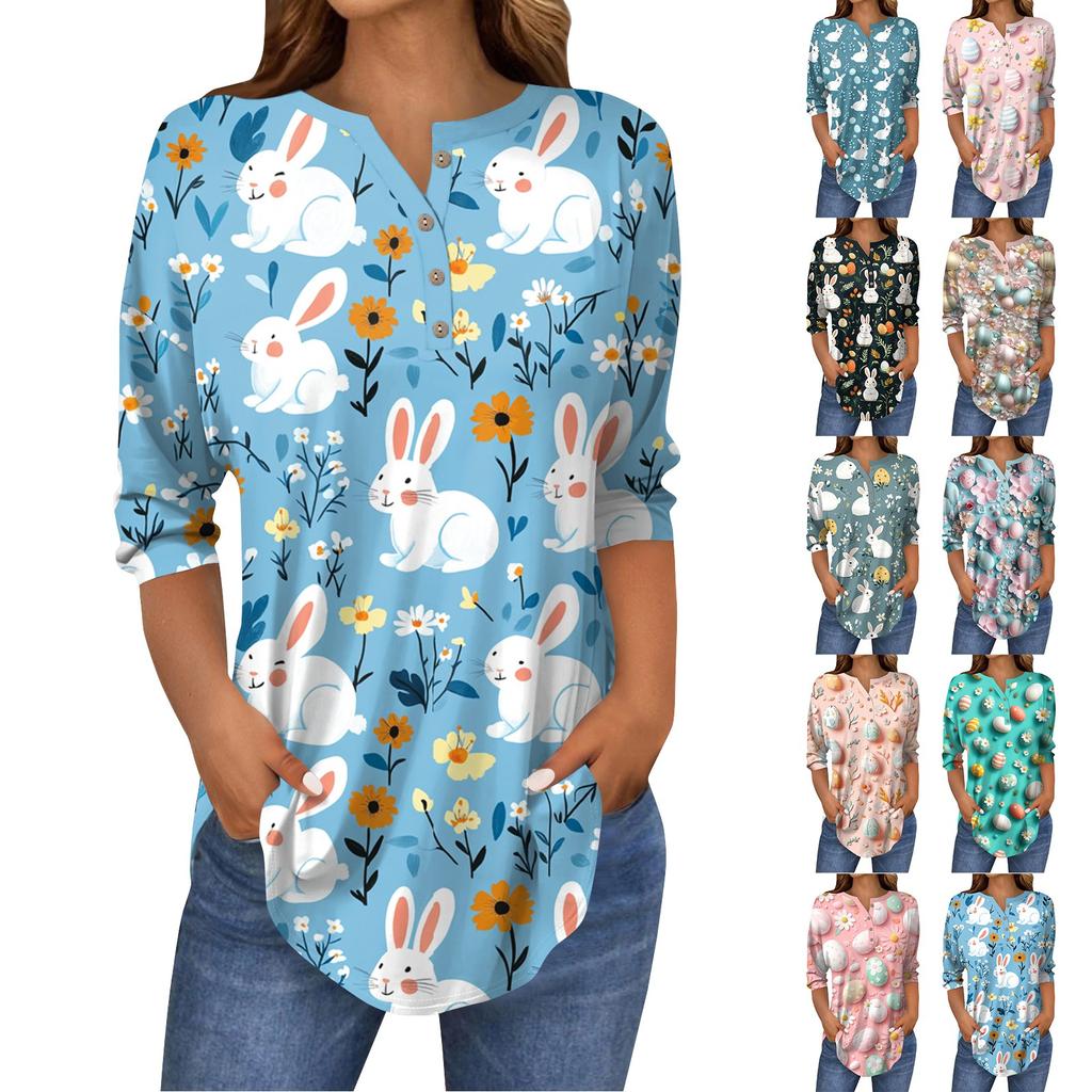 Women's 3/4 Sleeve Easter Egg Bunny Print Button Collar Fashion Casual Top
