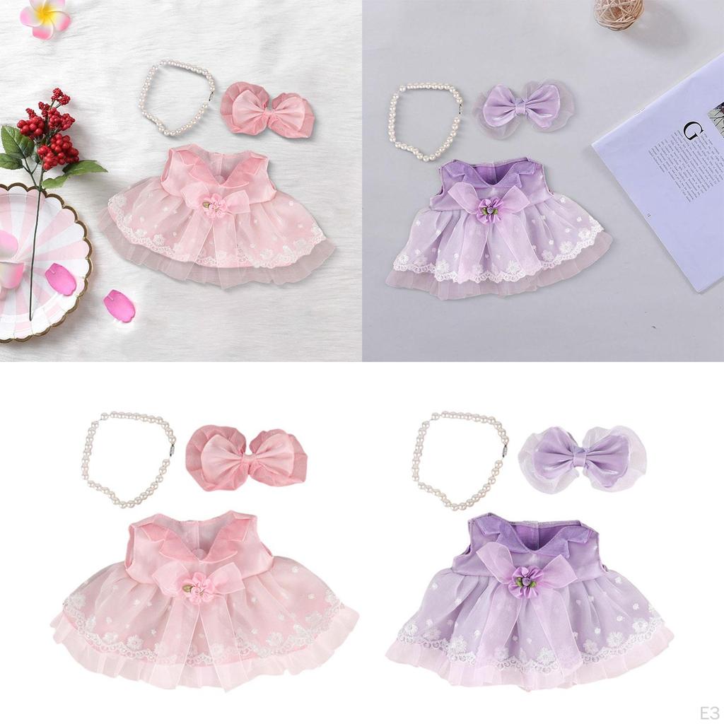 3 Pieces Doll Dress with Ribbon Hairpin Necklace, Miniature Clothing Accessories for 38cm Dolls,