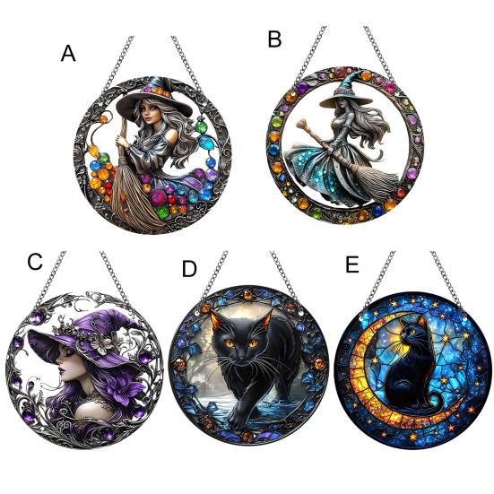 Halloween Witch Black Cat Hanging Sign 2D Flat Acrylic Broom