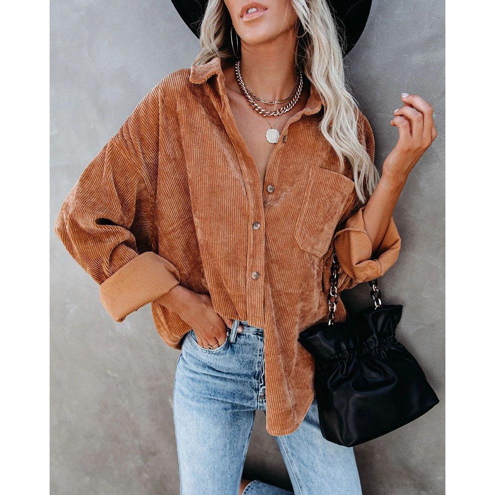 Женская повседневная вельветовая блузка в полоску женская рубашка куртка винтажный карман на пуговицах свободные модные блузки топы больших размеров