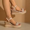 Fashion 2025Fashion Pearl Striped Wedge for Summer Comfort Thick Sole Beach Shoes Woman Ankle Strap Chunky Platform Sandalias