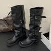 Winter Vintage Round Toe Square Heels Women Knee High Boots Designer Narrow Band Belt Buckle Comfortable Shoes