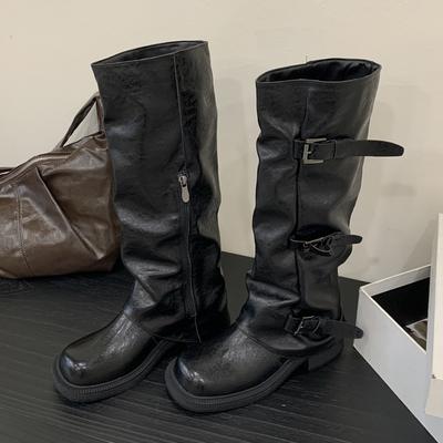 Зимние винтажные женские ботфорты до колена с круглым носком и квадратным каблуком, дизайнерские, с узким ремешком и пряжкой, удобная обувь