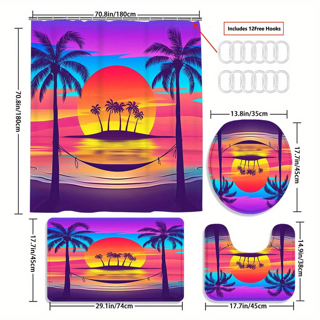 Coconut Tree Decorative Shower Curtain Bathroom Set - Machine Washable, With 12 Hooks, Including Toilet Seat Cover And Bathtub