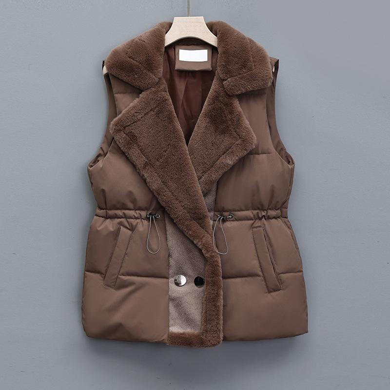 Lamb Wool Splicing Down Cotton Vest Women Wear Outside In Winter Autumn and Winter New Fur Integrated Lapel Drawstring Vest