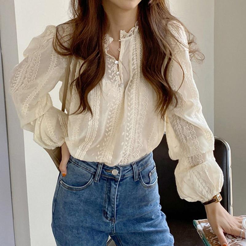 Elegant Embroidery Lace Women Blouse Autumn Fashion Vintage Round Neck Slim Long Sleeve Women's Shirt Tops Solid Loose Casual Ladies Blouses 25174