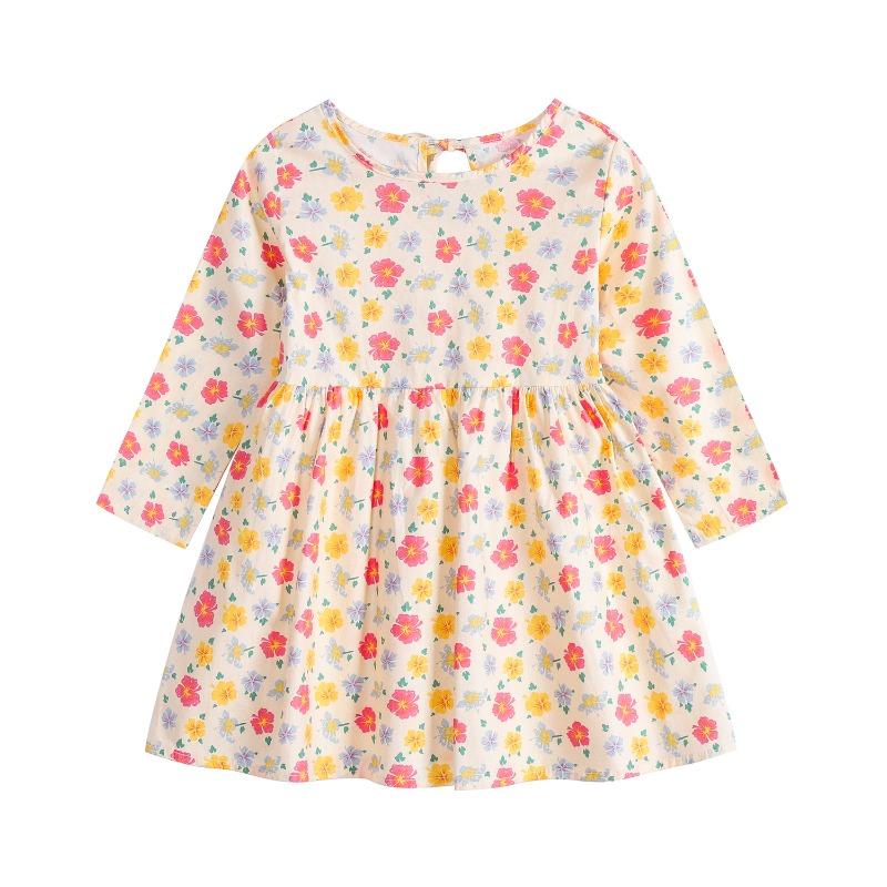 Spring and Autumn Girls' Korean Edition Dress with Floral Long Sleeve Dress for Baby Girls, Cotton Printed Children's Dress for Girls