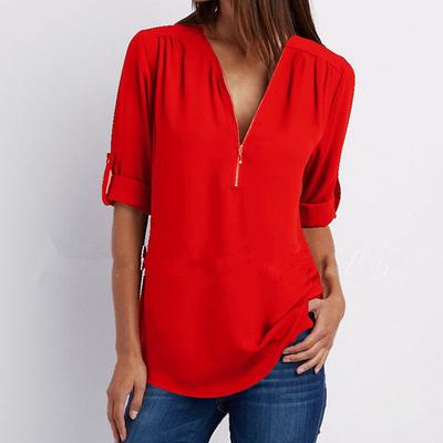 Женская шифоновая блузка, топы, летняя свободная однотонная рубашка с v-образным вырезом и половиной молнии с короткими рукавами-фонариками