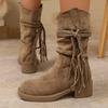 New Tassel Boots Retro Fashion Style Fashion Boots Thick Heel Long Tube Slim Look Stacked Middle Tube Boots