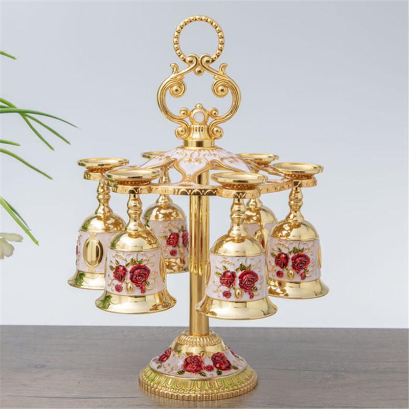 6cups /set European Vintage Metal Engraving Flower Goblet Wine Cup with Holder Display Rack Art Craft Decoration Home Ornaments