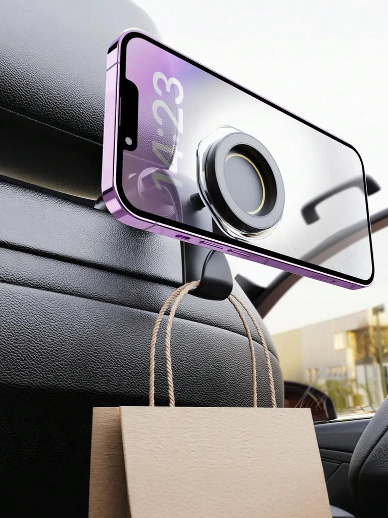 Car Backseat Magnetic Phone Mount – 360° Rotatable Holder with Hook, Ideal for Navigation & Video Viewing