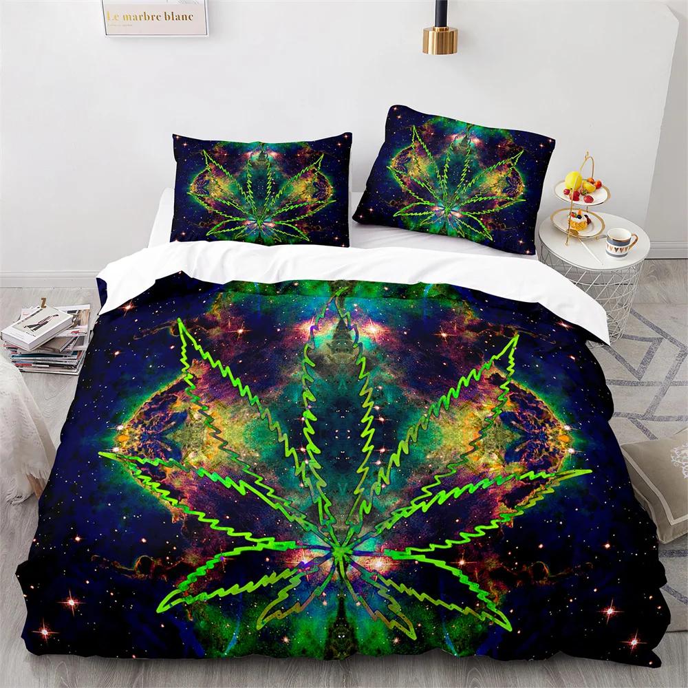 Weed Green Leaf Duvet Cover Watercolor Purple Blue Polyester King Queen Maple Leaf Duvet Cover For Women Men Bedroom Decoration