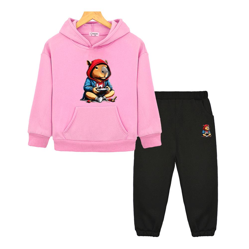boys girls Hooded Spors Sets capibara print hoodie Fleece Sweatshirt Cartoon Jacket 2pcs pullover+Pant  kids boutique clothes