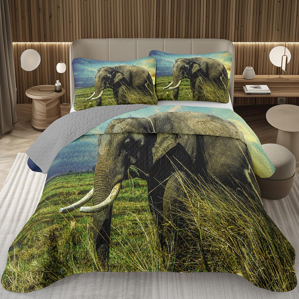 Elephant Bedspread Twin Queen King Size African Safari Animal Theme Quilt Set Jungle Wildlife Coverlet Set with 1/2 Pillowcase