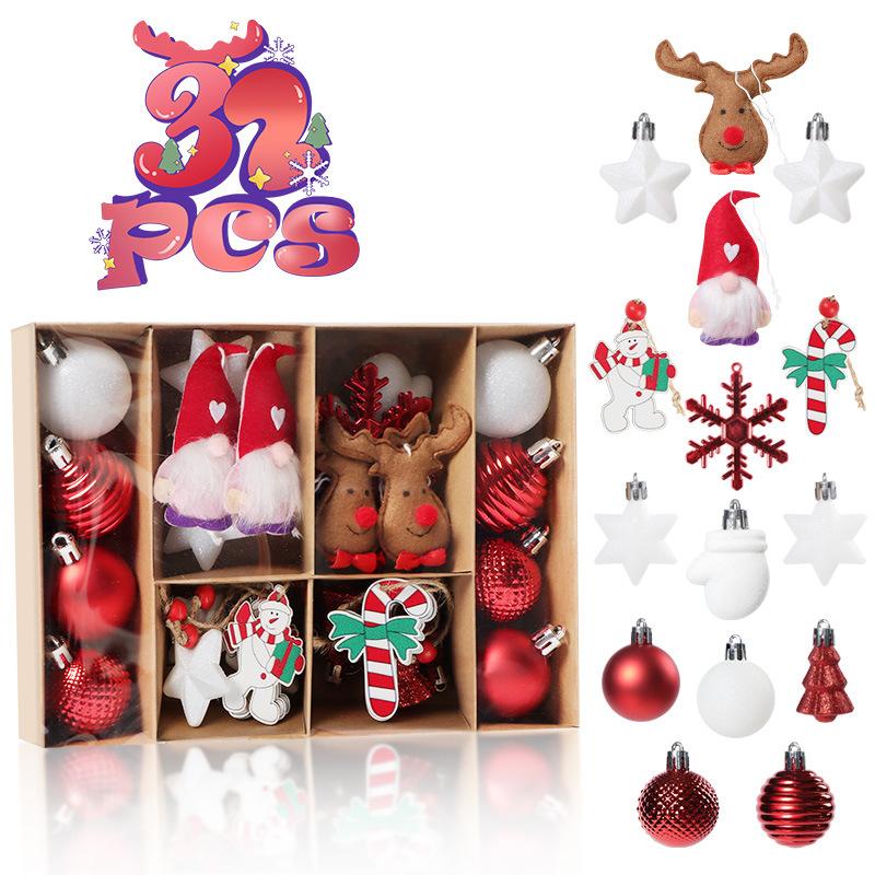 32pcs/set Christmas Tree Ornaments Set Electroplated Painted Hanging Decor for Xmas Birthday Wood Fabric PS Holiday Decoration