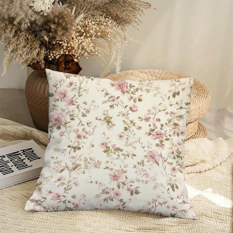Elegant Beige Pink Roses Green Leaves Double-Sided Pillowcase Decorative Cushion Cover for Sofa Bed Home Gift