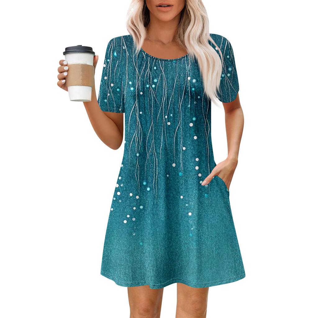 Women's Summer Dress Loose Beach Vacation Casual Round Neck Short Sleeve Sundress With Pocket Short Sleeve Shirt Dress