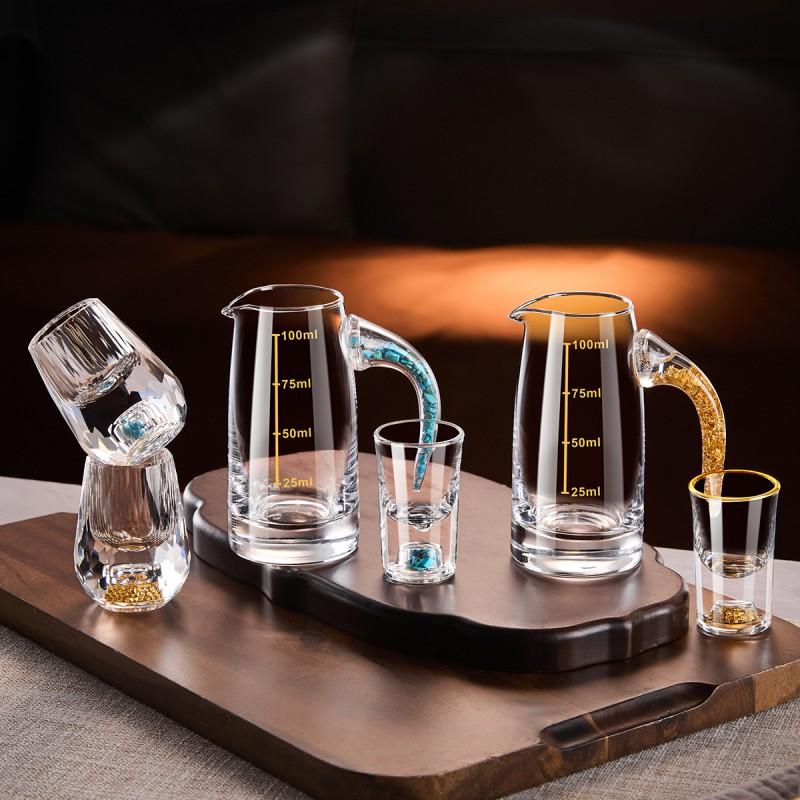 Elegant Crystal Glass Shot Cups With Pourer Set Gold Foil Matte Transparent Styles Whiskey Sake Tequila Serving