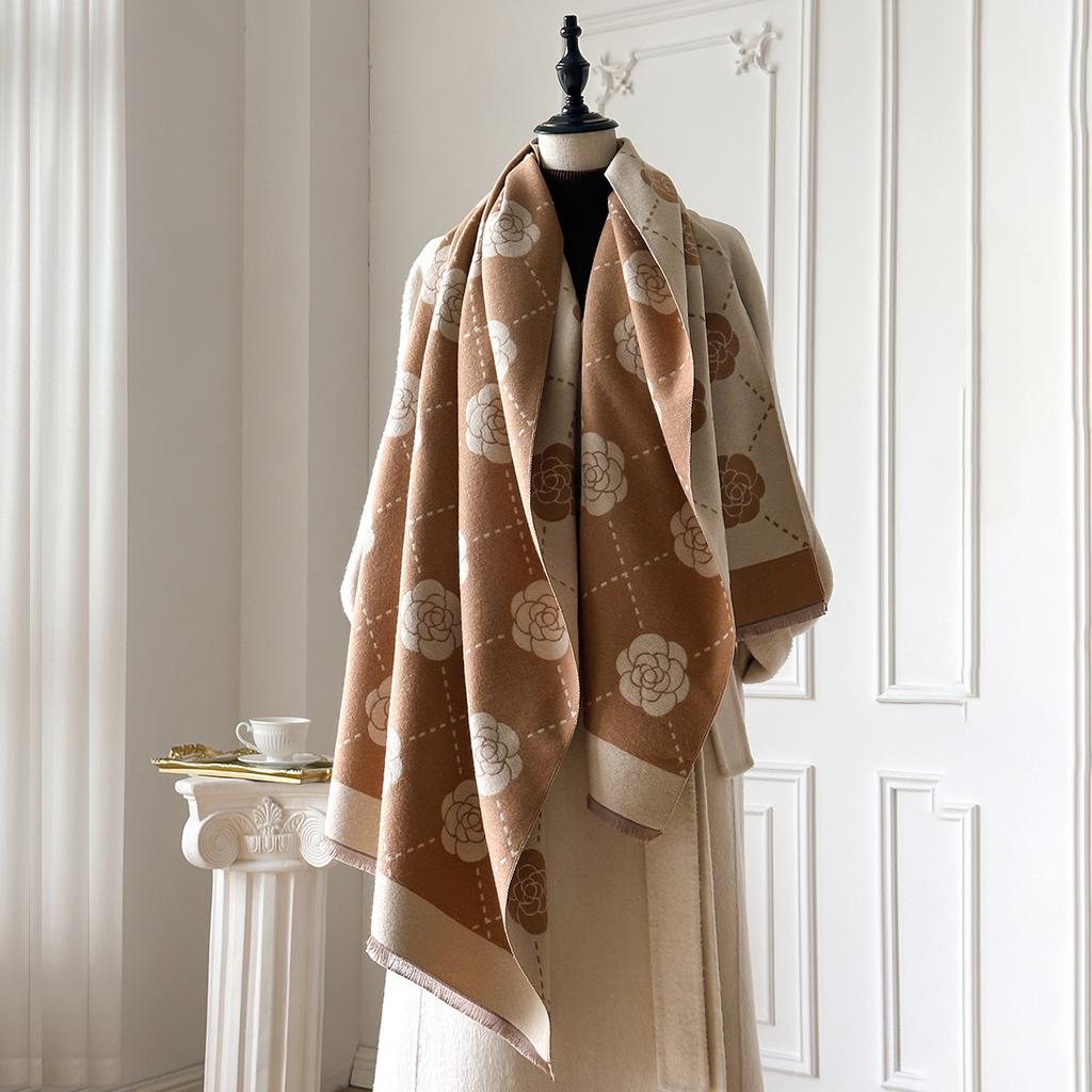 Winter Small Fragrance Outside With Versatile Camellia Imitation Cashmere Scarf Shawl Women'S Long Versatile Warm Scarf