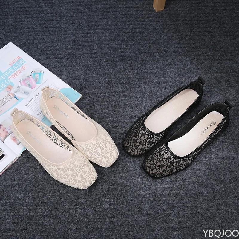 Женские прозрачные кружевные мягкие туфли на плоской подошве, женские пикантные черные туфли-лодочки с квадратным носком, летние дышащие бежевые нескользящие туфли на плоской подошве, размеры 35-40