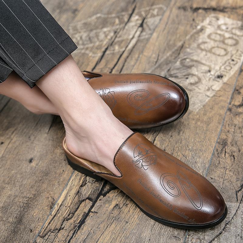 Fashion Business Half Slippers Men's Office Summer Trend Personalized Carved Dress Genuine Leather Breathable Toe Cap Shoes Zapatos