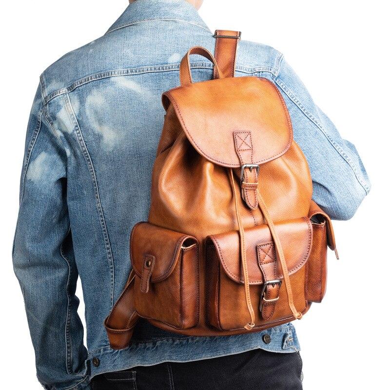 Johnature Men Genuine Leather Backpack Retro Large Capacity Portable Travel Bags Natural Real Cowhide Laptop Backpacks