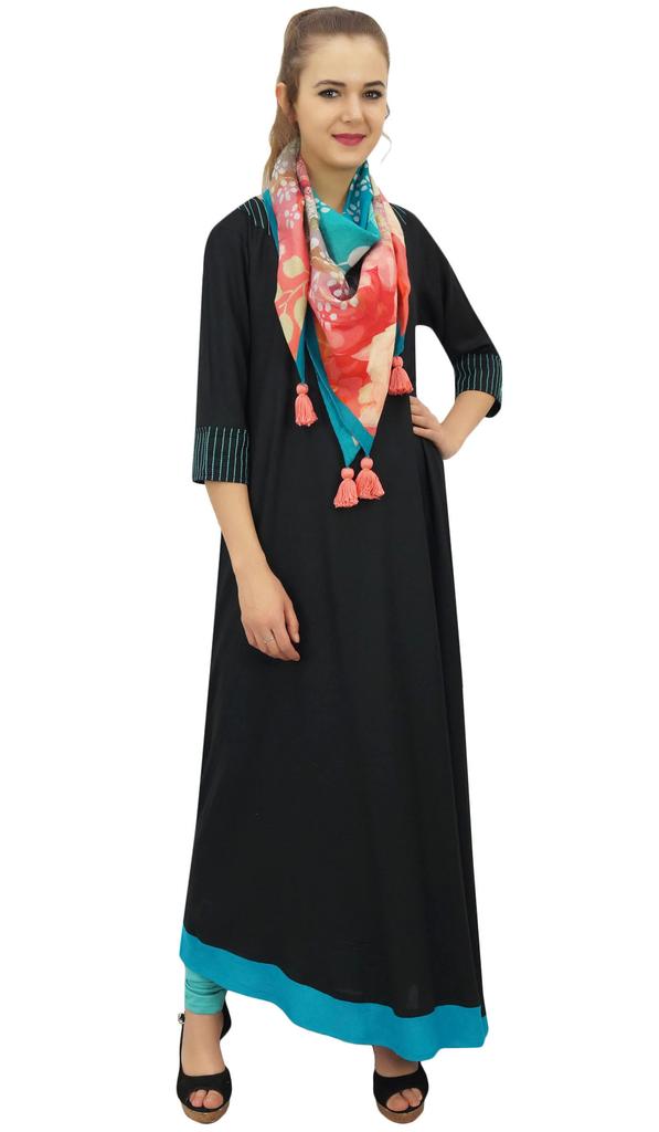 Bimba Designer Rayon Blouse Kurta Indian Women Black Kurti Dress With Scarf -