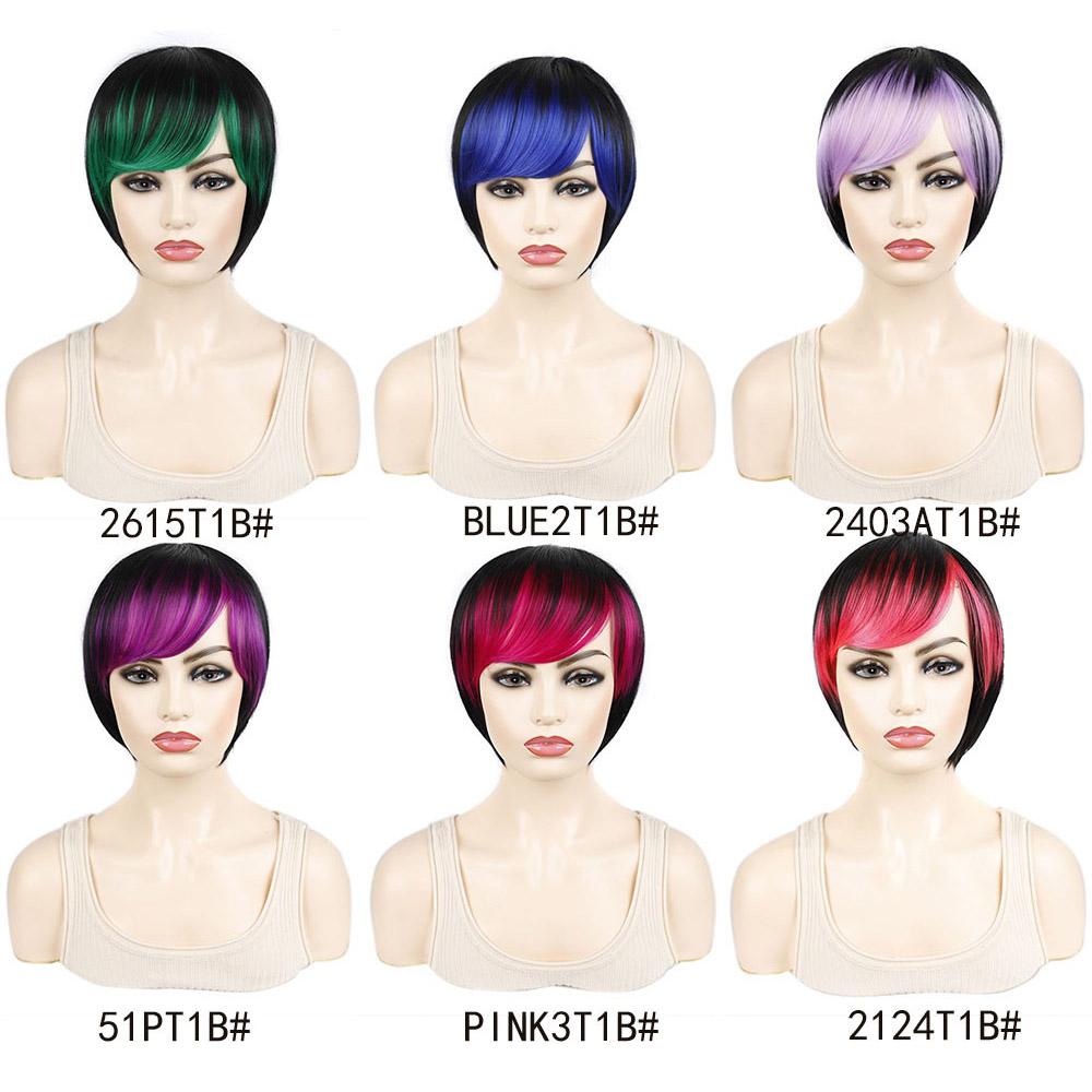 Short Hair Wigs Bob Haircut Whit Bangs Pink Purple Green Ombre Color Wig for Women Girls