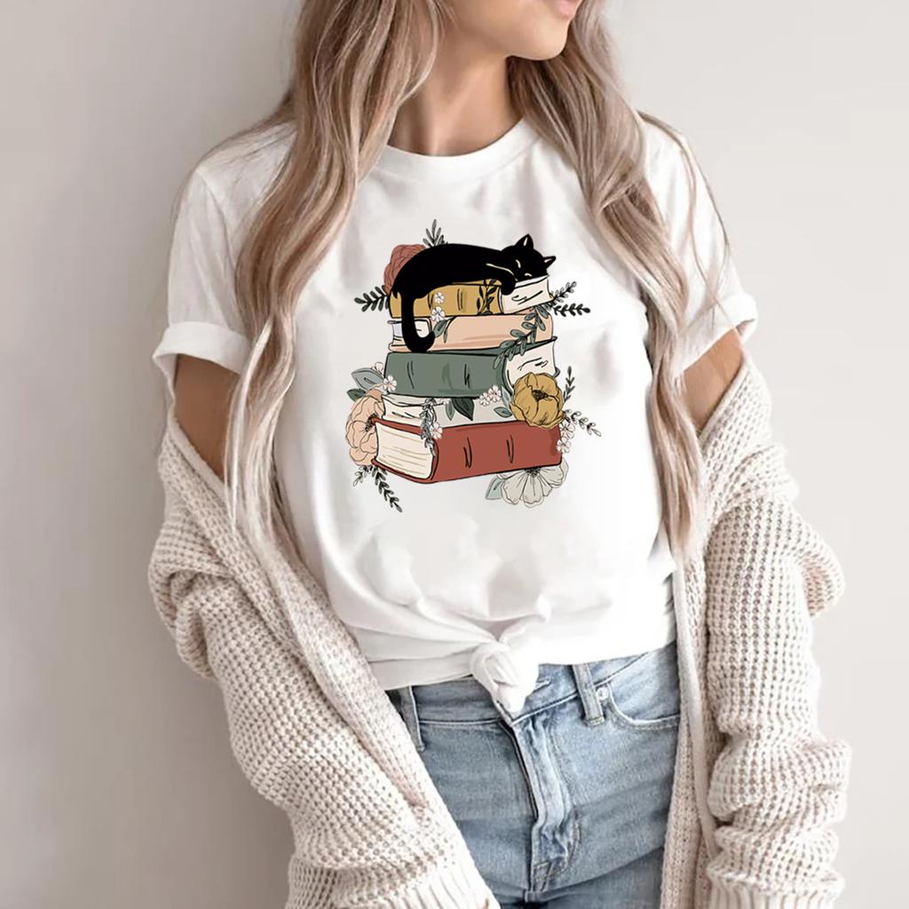 Милая кошка книга футболка с коротким рукавом книги и кошки футболка футболка для чтения футболка для любителей кошек подарок для любителей книг книга книжная футболка