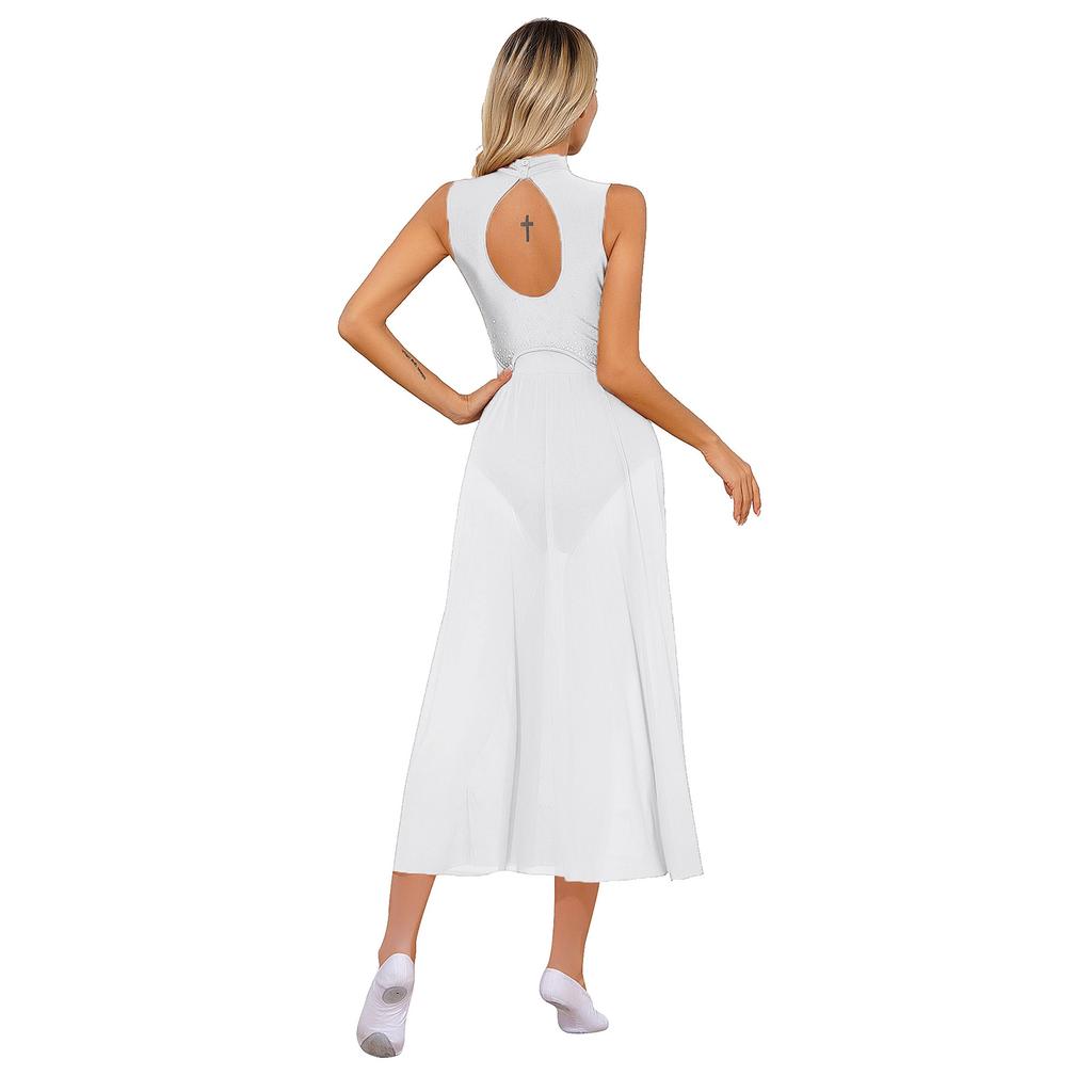 Женское платье для лирического танца без рукавов с вырезом на спине, костюм для сценического выступления, леотард с пайетками и разрезом, пэчворк