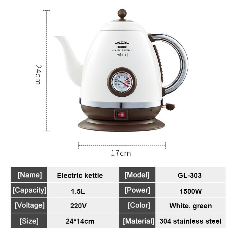 1.5L Electric Kettle 1500W Quick Heating Boiling Coffee Teapot Household Thermo Pot 304 Stainless Steel Linner with Thermometer