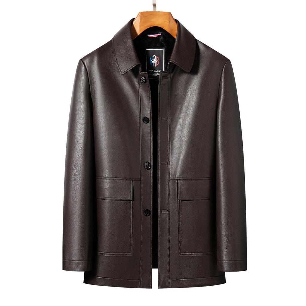 Новые осенние и зимние куртки из натуральной кожи Мужские кожаные куртки средней длины с лацканами для людей среднего и пожилого возраста Куртки для пап