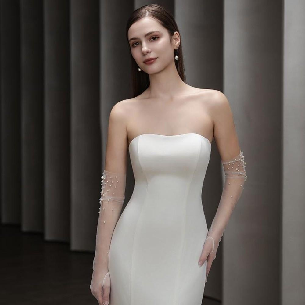 Длинные свадебные перчатки Тюлевые перчатки с жемчугом Винтажные женские свадебные перчатки Вечеринка