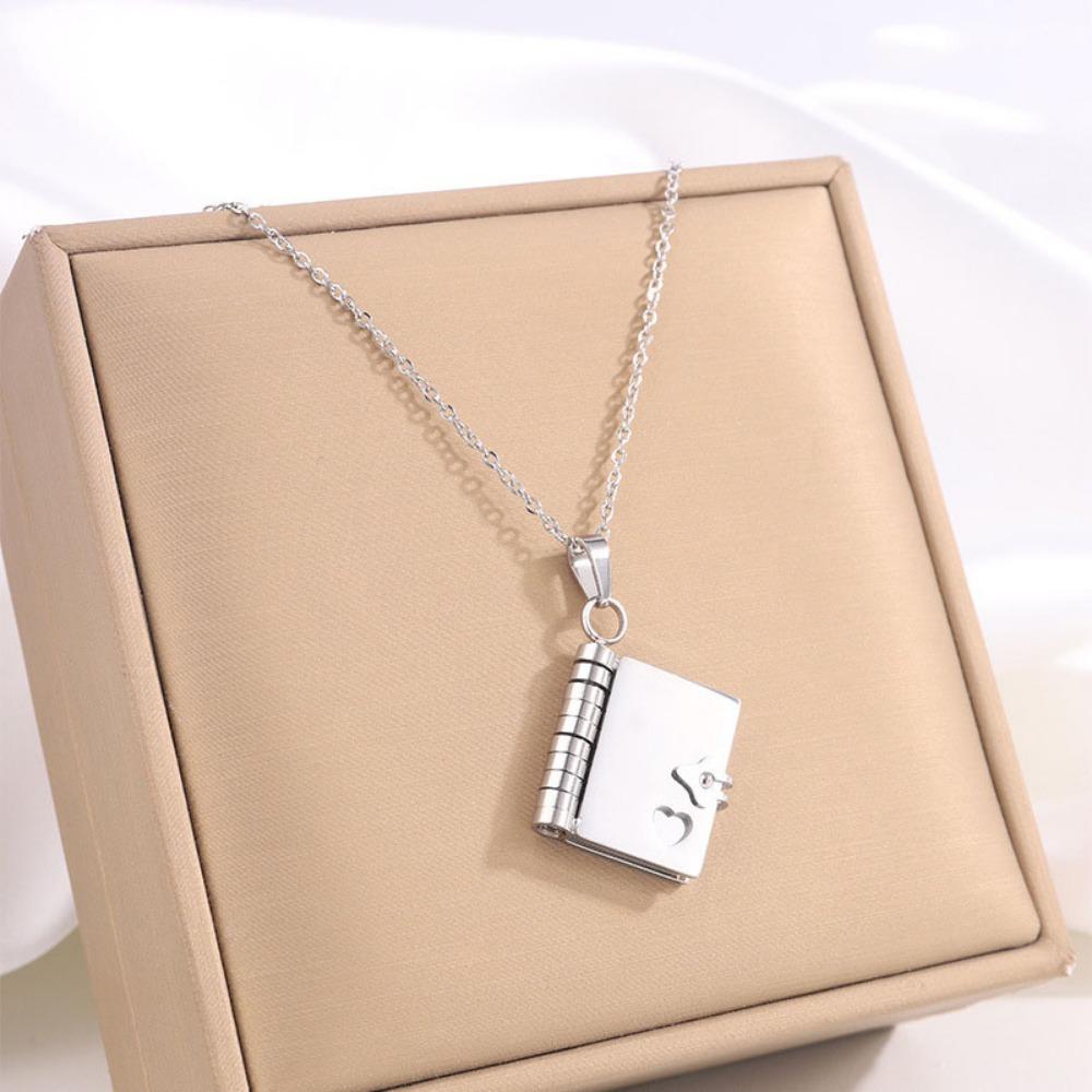 Openable Book Pendant Necklace Stainless Steel Lovers Choker Necklace Women's Sweater Chain  Couple
