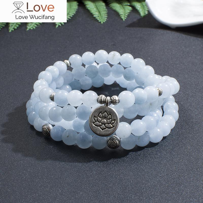 8 мм аквамарин 108 мала бисерный браслет йога джапамала четки ювелирные изделия с эластичным шнуром оберточный браслет для женщин
