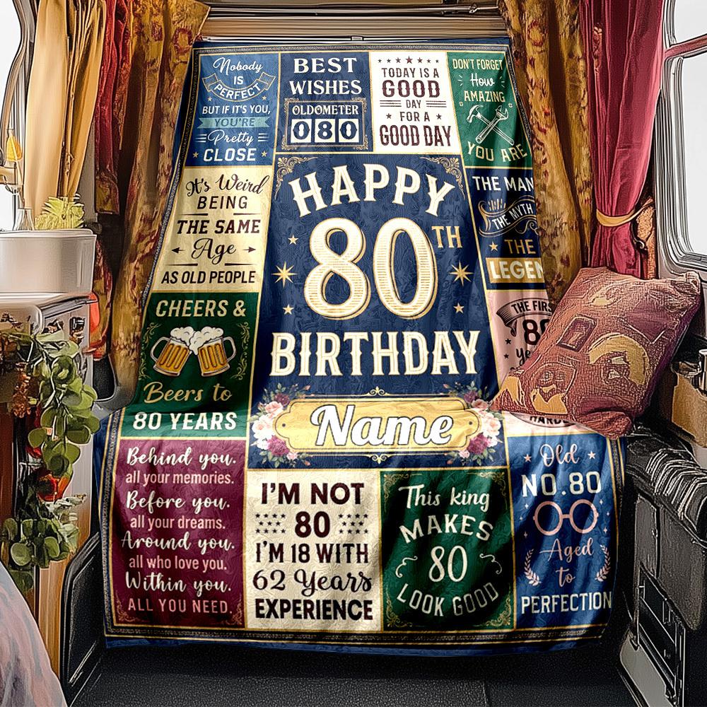 80Th Birthday Celebration Quotes Blanket Personalized Name Soft Comfortable Stylish Blanket Car Blanket Perfect For Travel Camping Outdoor Home