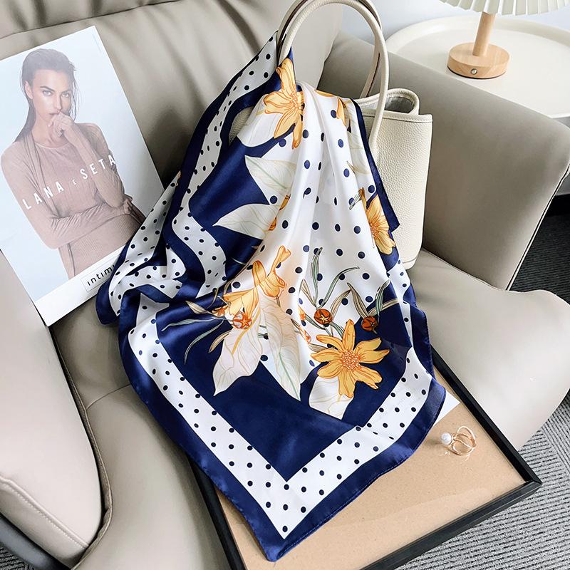 Modern Trend Geometric Polka Dot Flower Printing 70 Square Towel New Women's Fashion Decoration Temperament Simulation Silk Scarf