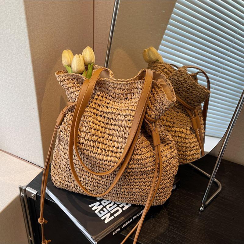 Yogodlns Женская соломенная сумка подмышкой, однотонная плиссированная сумка, большая вместимость, модная сумка на плечо, дорожная сумка для покупок, пляжная сумка
