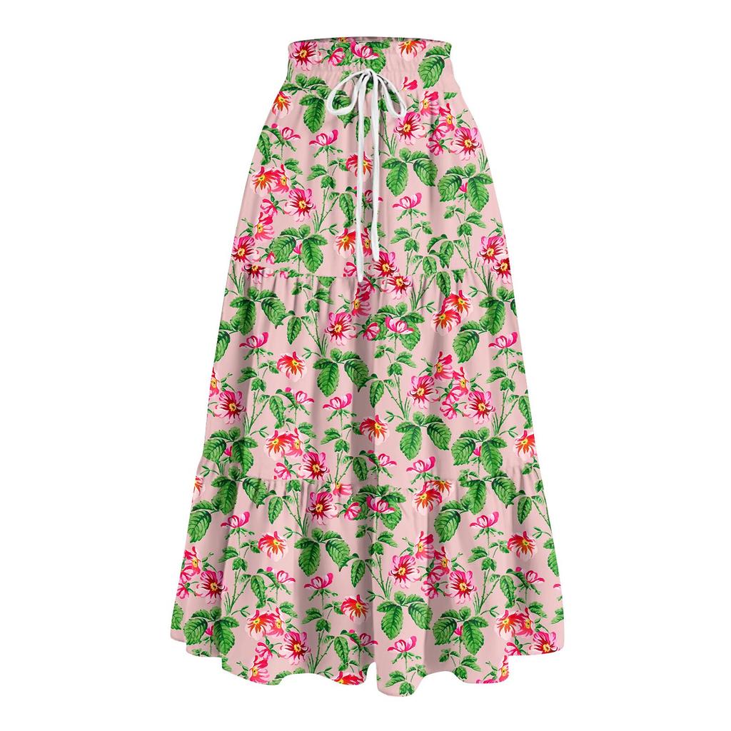 Women's Ruffled Spring Casual Long Skirt Plain Color Skirt Retro Pleated Skirt