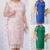 Women Dress Flower Embroidery Double Layers Short Sleeve Round Neck Mid-calf Length Lace Plus Size Elegant Lady Midi Prom Party Dress