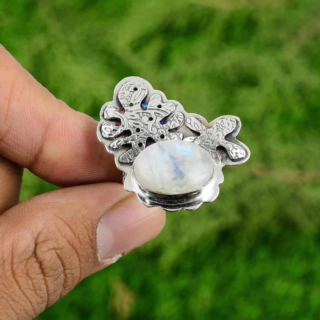 Womens day Deal Natural Rainbow Moonstone 925 Sterling Silver Promise Boho Ring