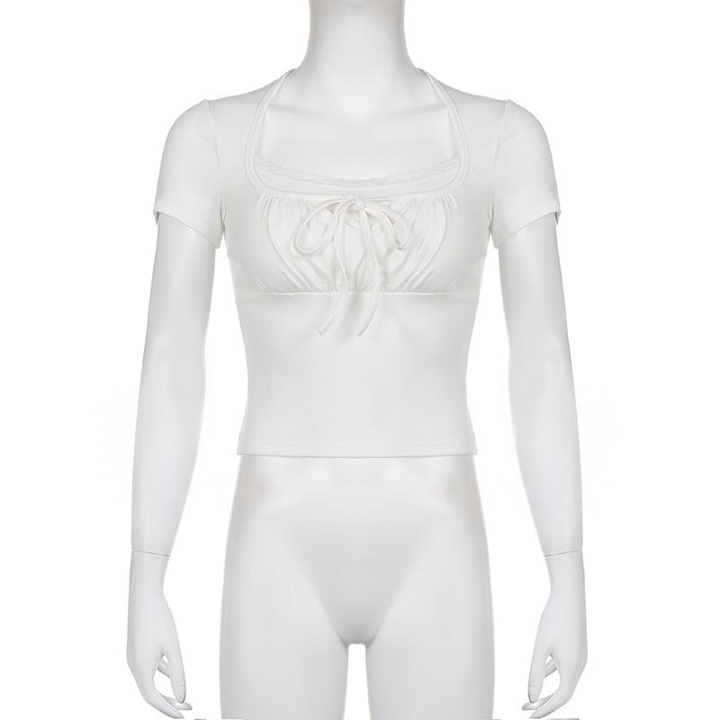 Casual White Knitted Lace Patched Female T-shirts Y2K Korean Style Slim Tie Up Shirring Summer Top Tee Folds Outfits
