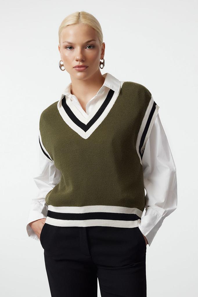 Women's Elegance Style Sweater Navy Blue V-Neck Knitwear Sweater