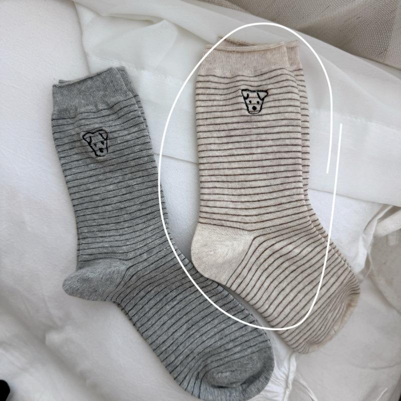 Женские полосатые носки с вышивкой маленькой собачки, всесезонные универсальные носки до середины икры в школьном стиле