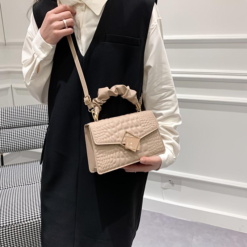 Trendy Crocodile Pattern Handbag, Top Ruched Handle Square Wallet for Women, Solid Color Textured Bag