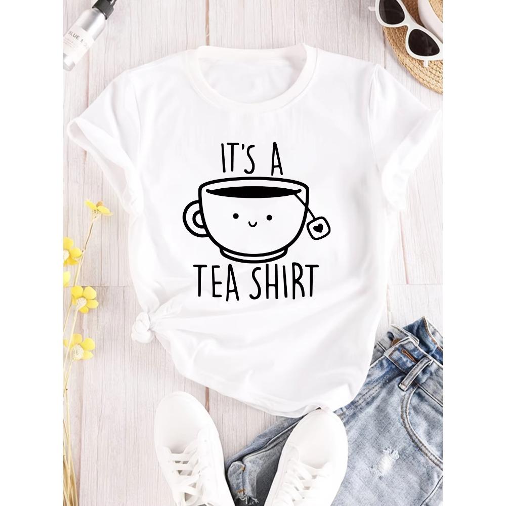 Womens Casual Crew Neck Short Sleeve TShirt Fashion with Its A Tea Shirt Alphabet Cartoon Teacup Printed Summer Clothing