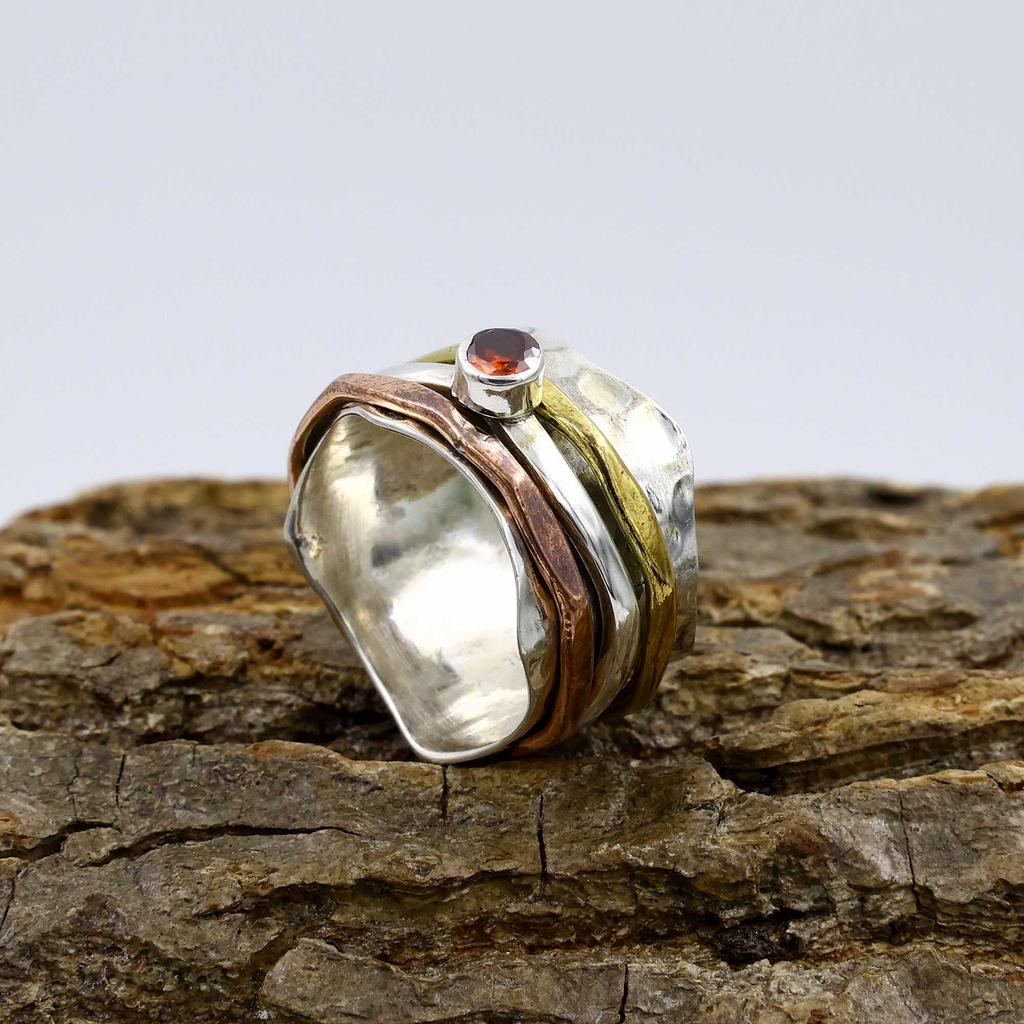 Garnet Gemstone Ring, 925 Sterling Silver Ring, Three Tone Ring, Bohemian Ring, Designer Ring, Wedding Gift