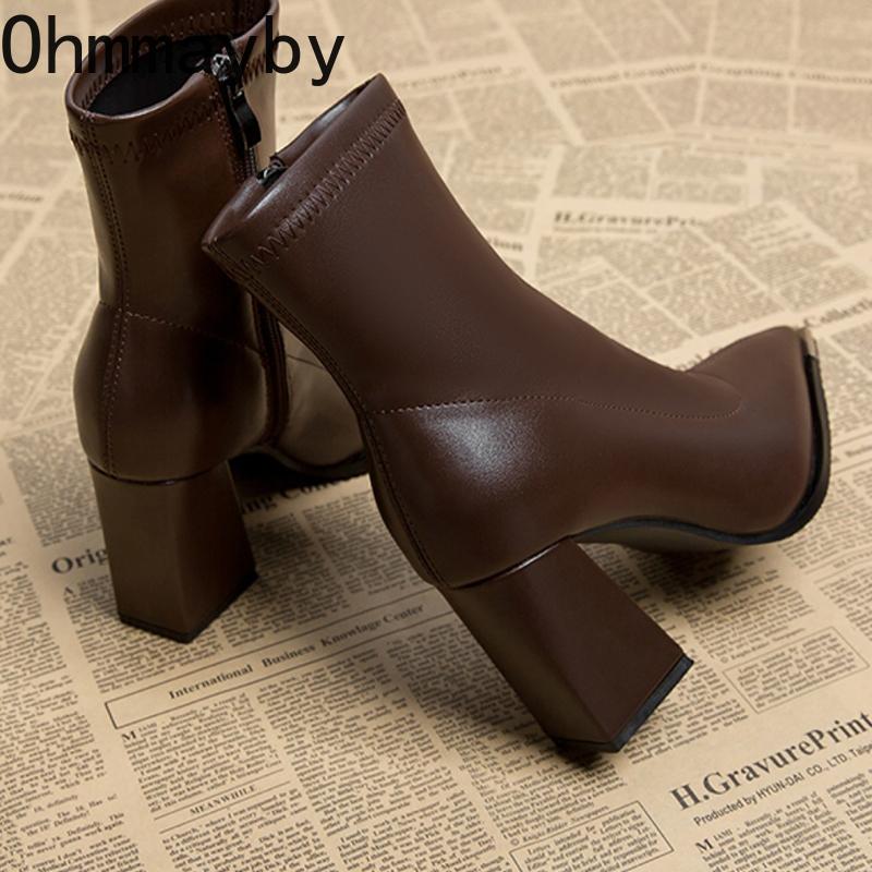 Autumn Winter Pointed Toe Women Thick Heel Ankle Boots Street Style Banquet Party Short Botas Mujer