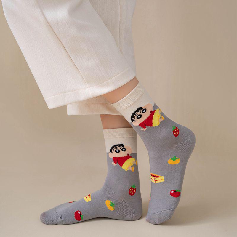 Women's Cute Anime Cartoon Combed Cotton Socks - Korean Style, Colorful Mid-Length