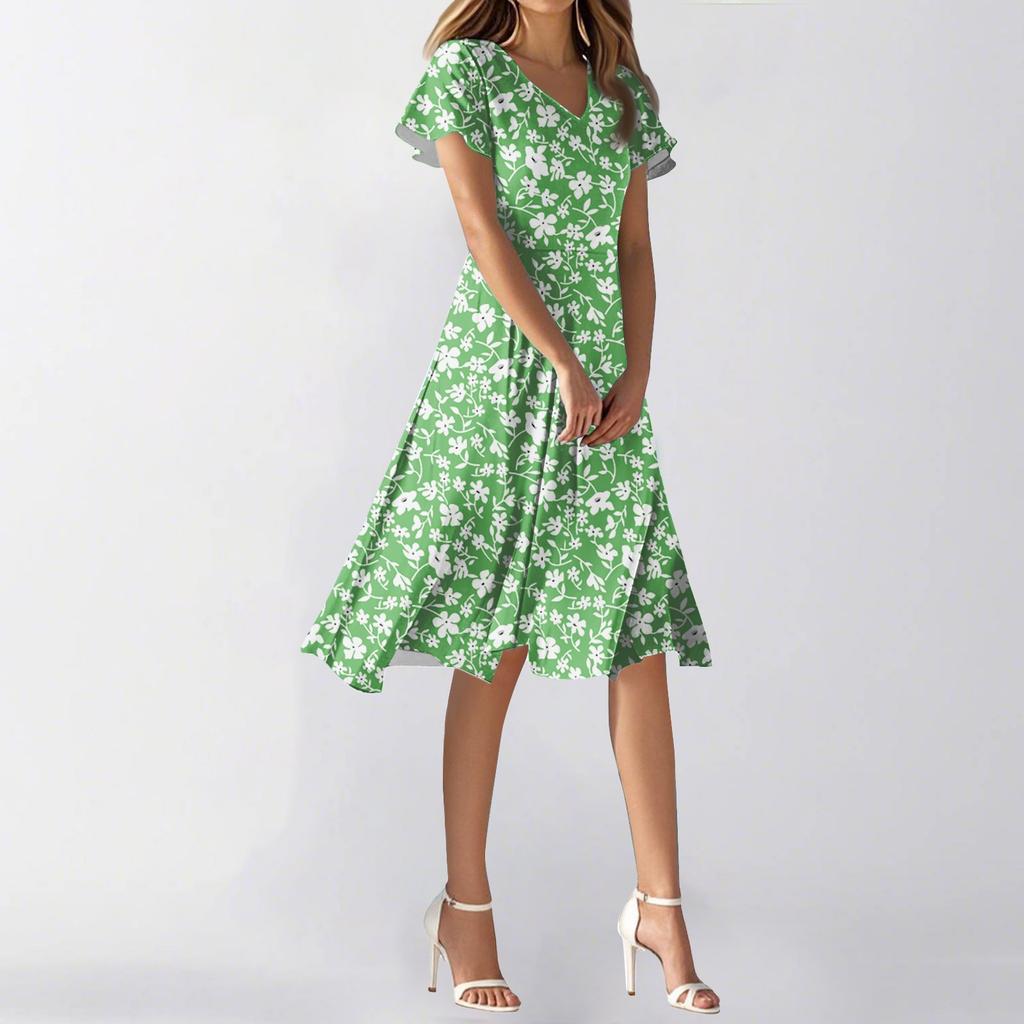 Women's Summer Casual Fashion Flower Print Dress V Neck Short Sleeve Short Skirt